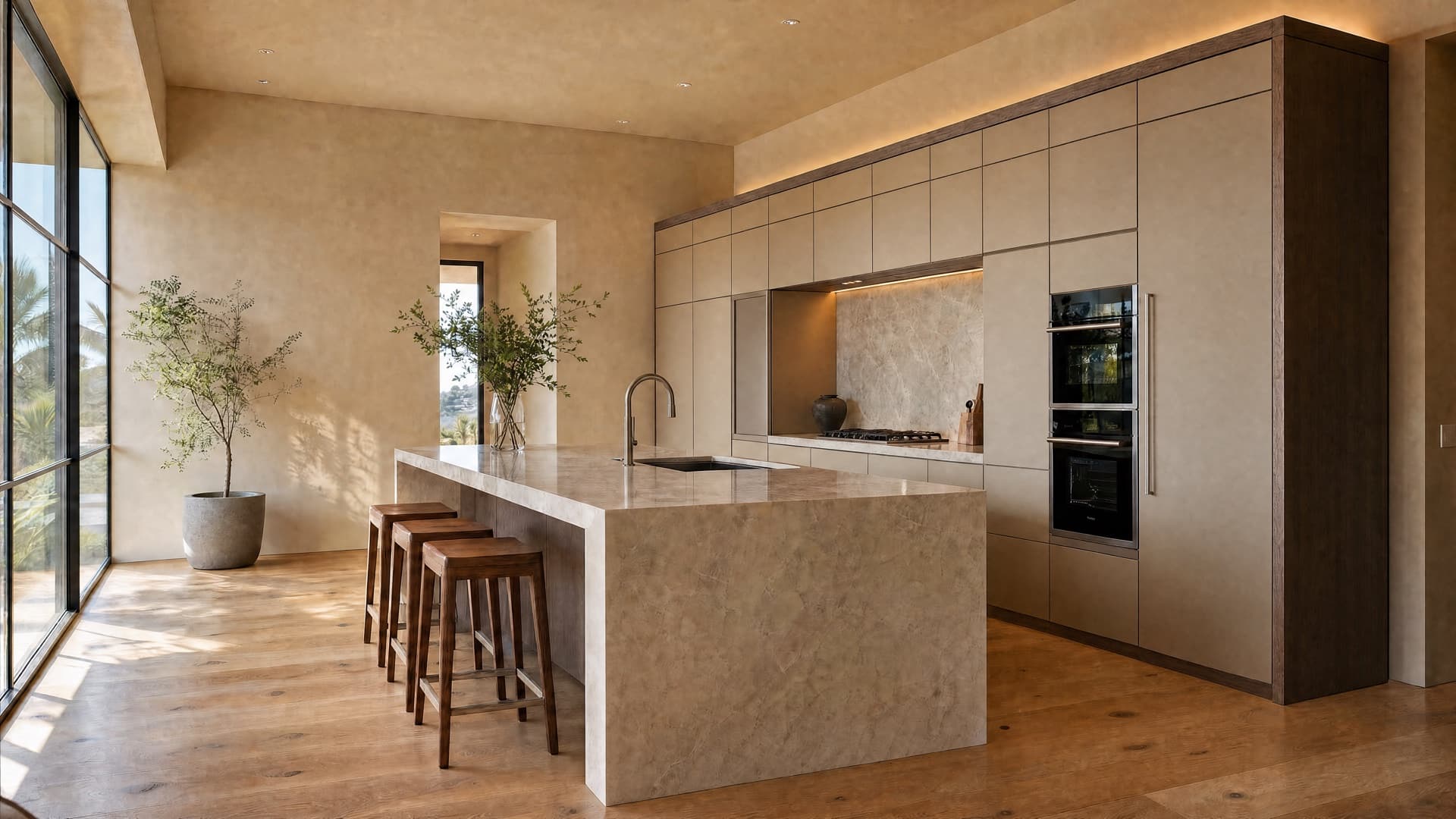 European frameless kitchen with warm textured surfaces, designed for a San Diego home