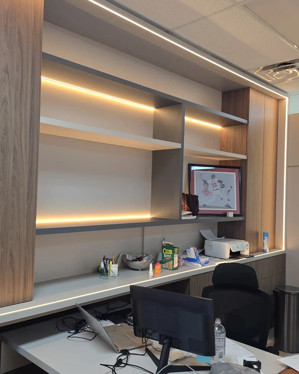 Cabinetry planning workspace with built-in storage and illuminated shelves