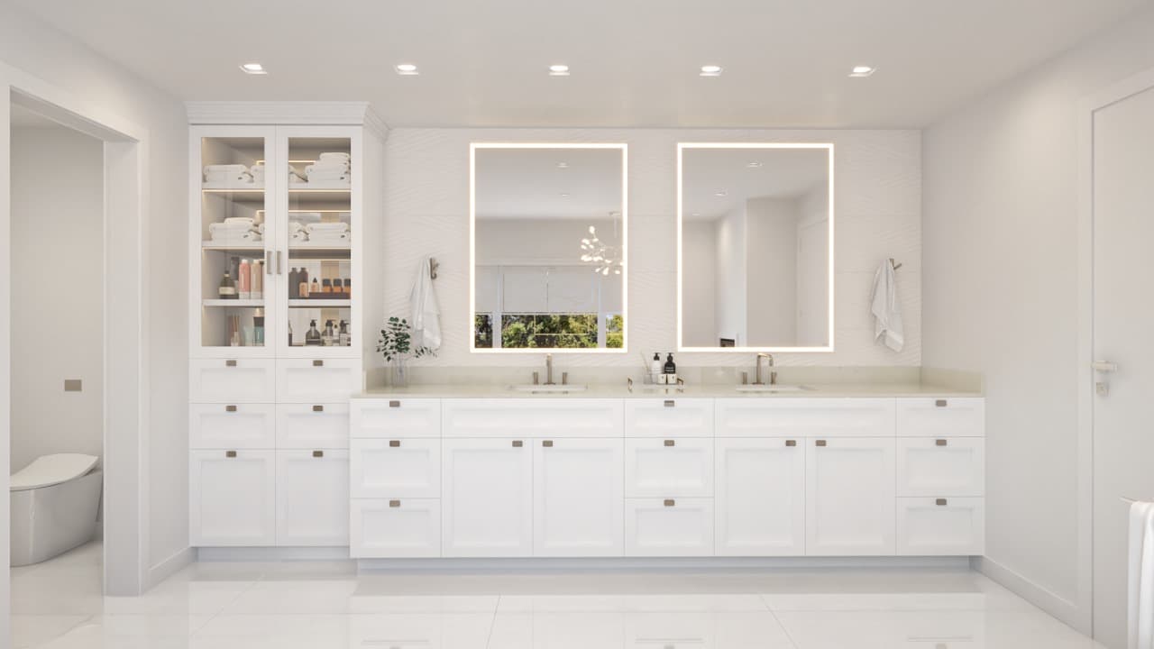 3D rendering of Jeff and April's primary bath vanity with mirrors and cabinets