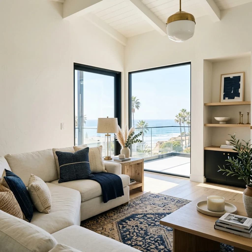 Relaxed, high-end Encinitas home interior with white-oak floors — Swell Contracting
