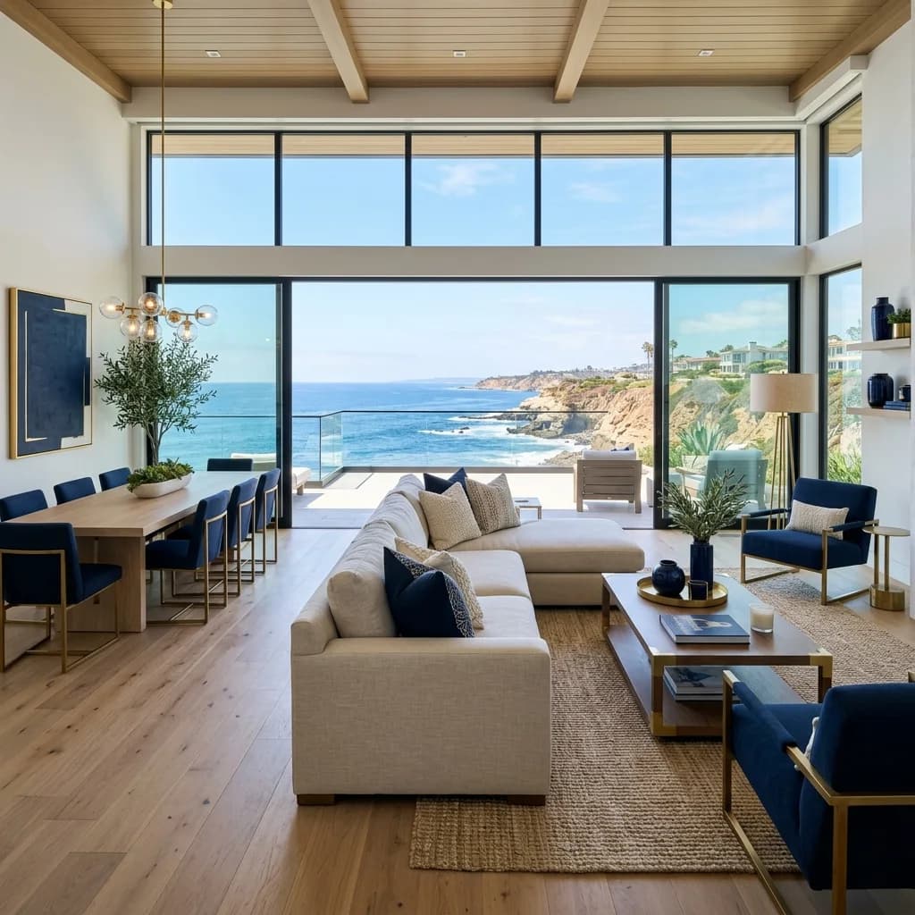 Luxury La Jolla home interior with white-oak floors and ocean light — Swell Contracting