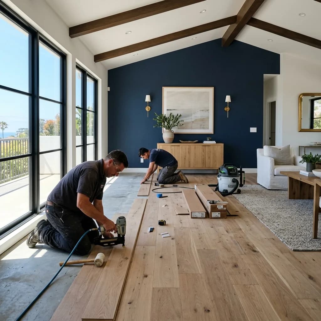 Premium white-oak hardwood flooring in a bright coastal-modern San Diego home — Tidal Flooring