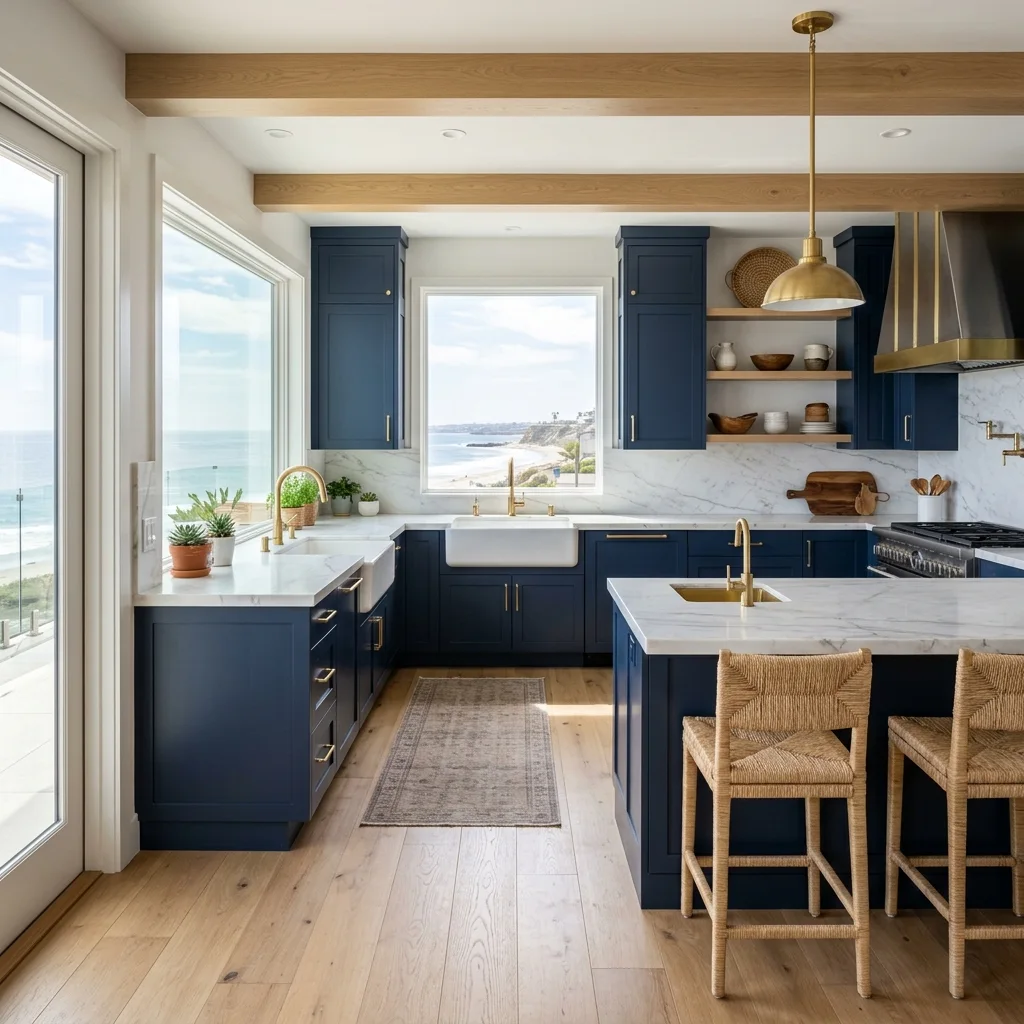 Coastal-modern San Diego kitchen with white-oak floors, navy cabinetry, and brass fixtures — Swell Contracting
