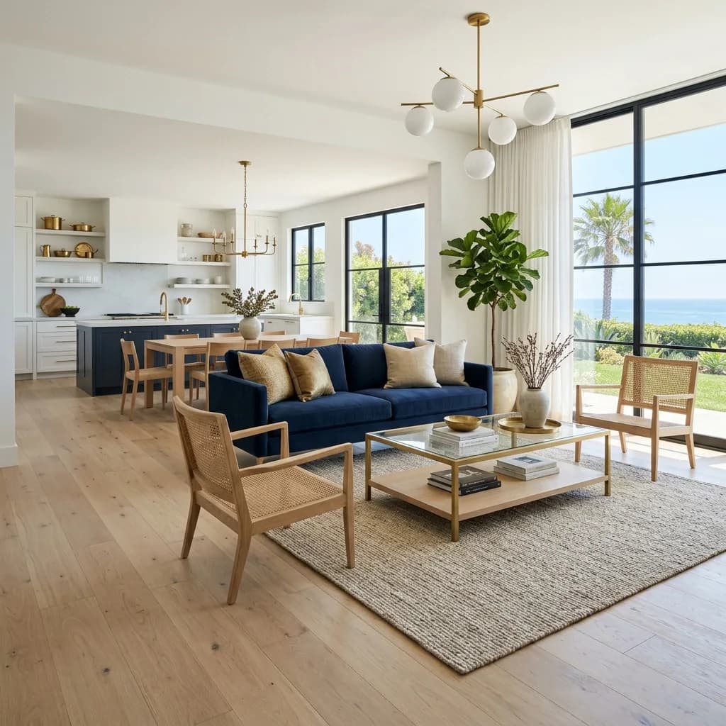 Bright open-plan San Diego living space with white-oak floors and navy-and-brass decor — Swell Contracting whole-home renovation
