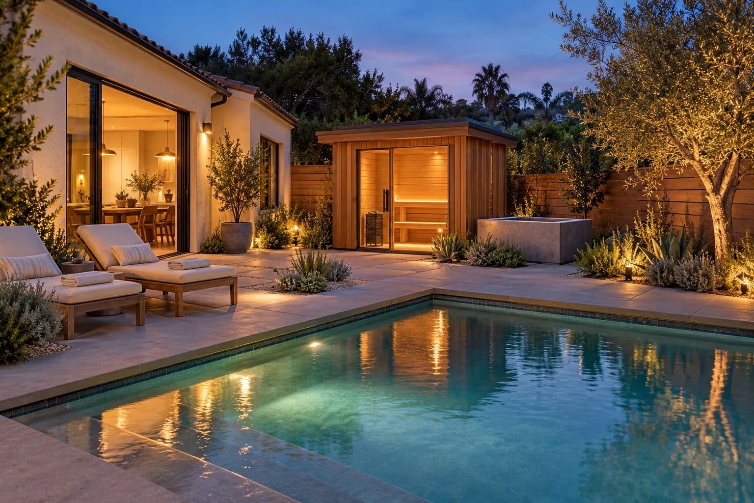 Dusk wellness courtyard design concept with a glowing cedar sauna, unbranded cold plunge, pool and planted terrace beside the house
