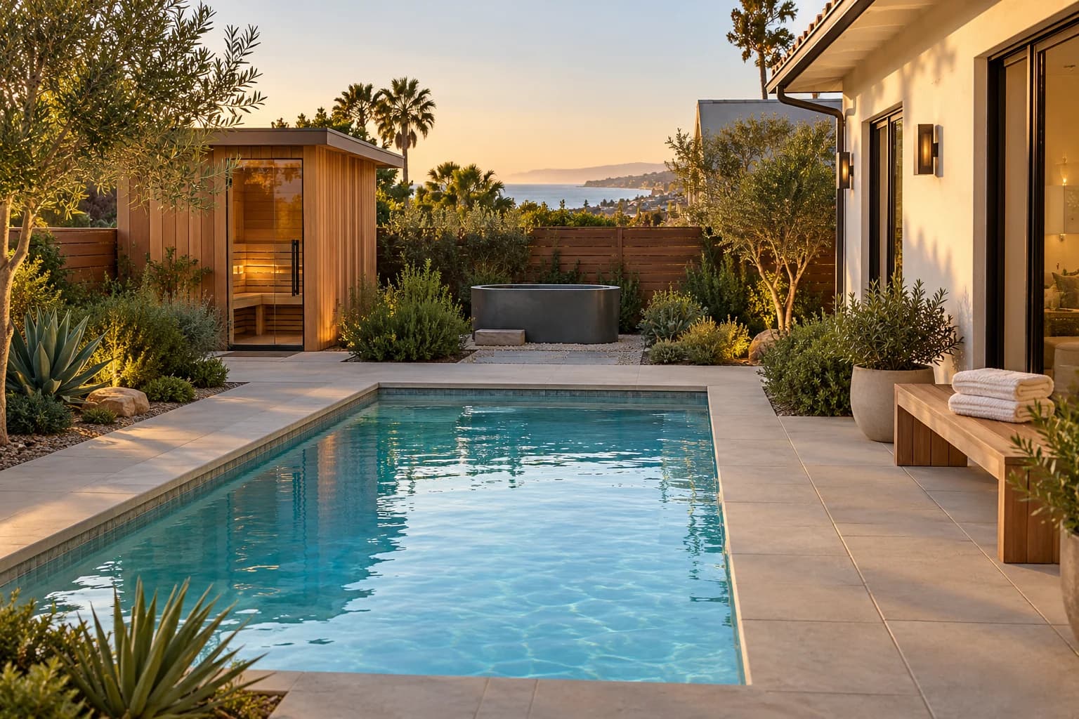 Outdoor wellness design concept with a swimming pool, shaded seating and a private landscaped courtyard