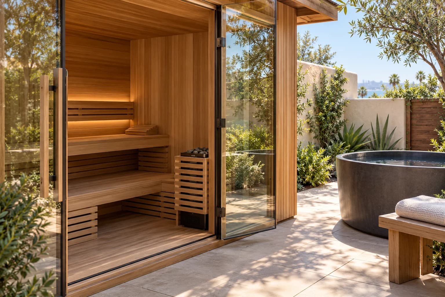 Sauna and cold-plunge design concept with timber finishes, a place for towels and a private garden setting