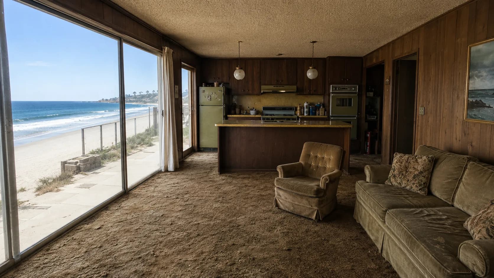 Dated beachfront living room in San Diego before remodeling by Swell Contracting