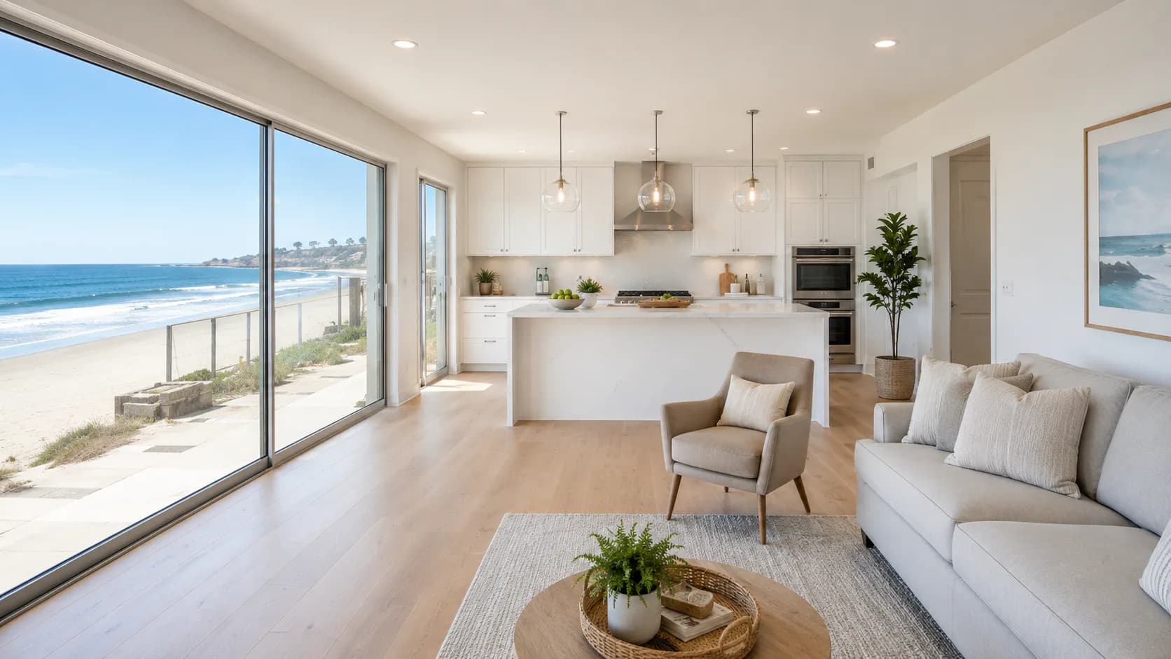Finished coastal-modern living room with ocean view after a San Diego remodel by Swell Contracting