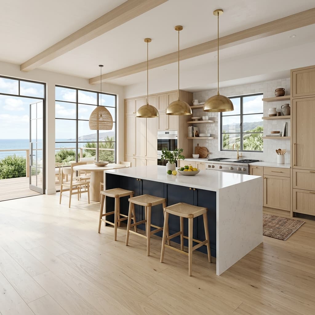 Coastal Kitchen — concept render (coastal-modern design concept) by Swell Contracting
