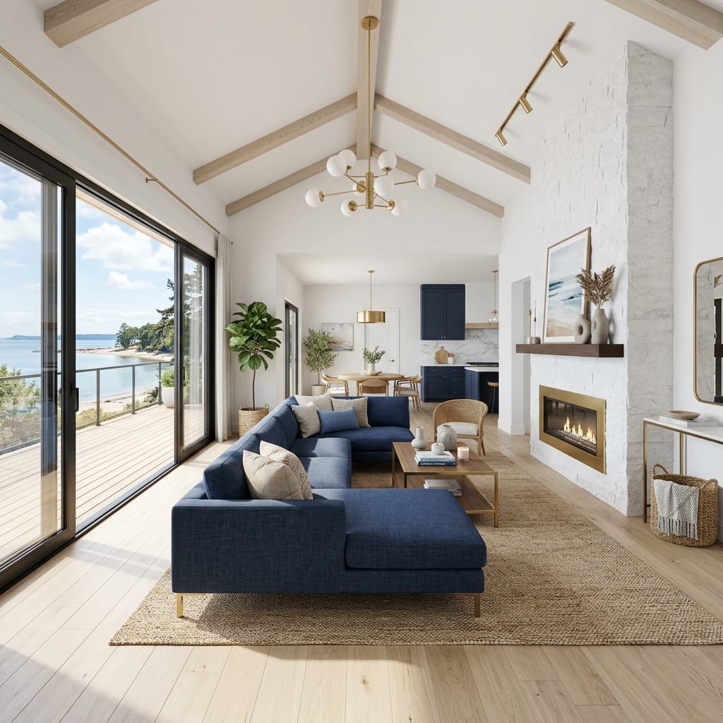 Great Room — concept render (coastal-modern design concept) by Swell Contracting