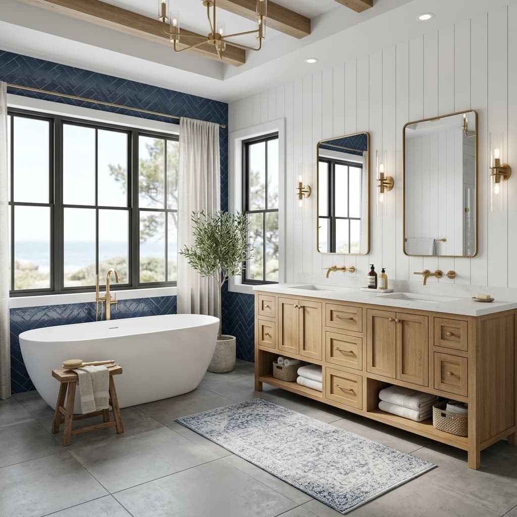 Primary Bath — concept render (coastal-modern design concept) by Swell Contracting