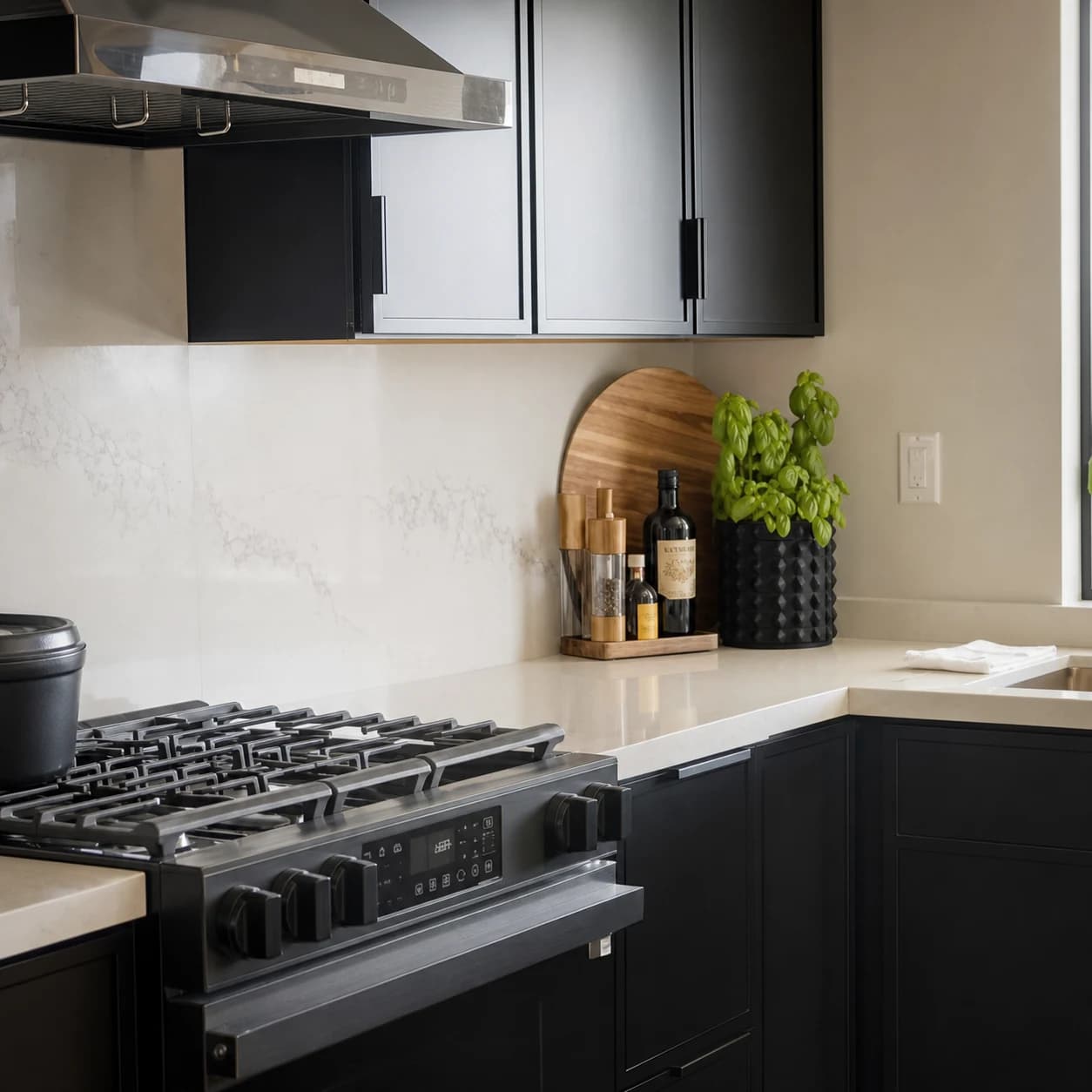 Close view of a black range, upper cabinets, stone backsplash, and counter styling