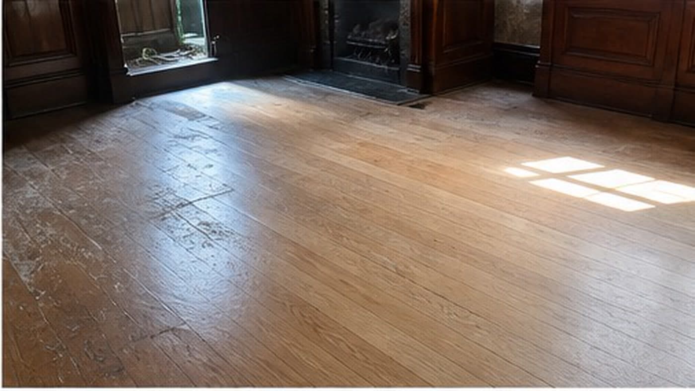 Worn hardwood floor before refinishing