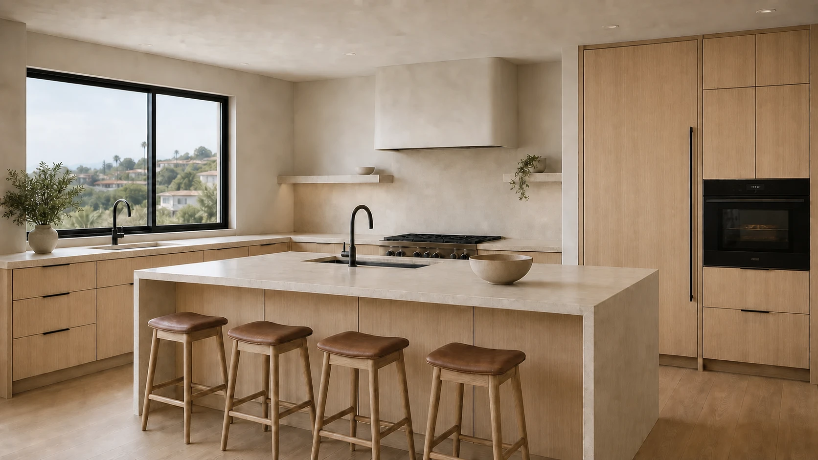 Concept coastal atelier kitchen with pale white oak cabinetry