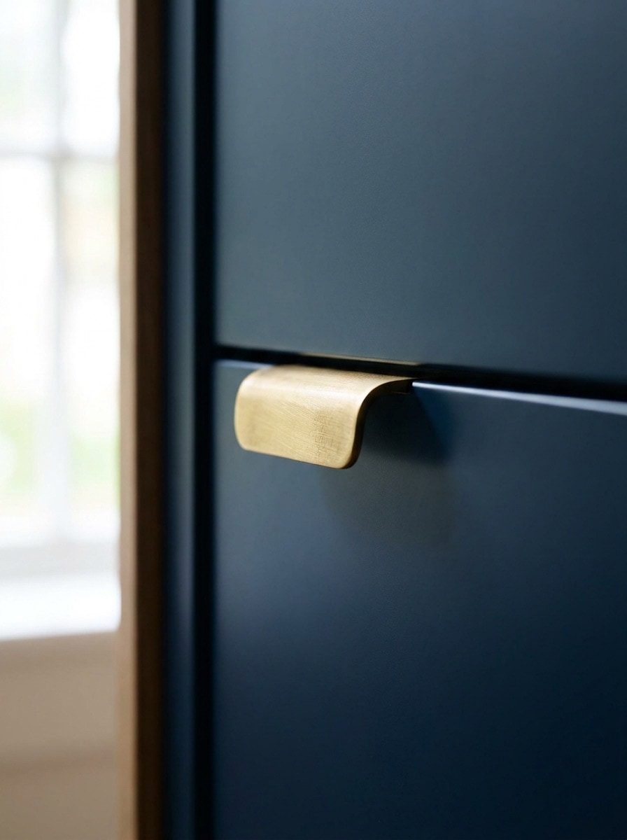 Concept study of an unlacquered brass edge pull on a navy lacquered cabinet door