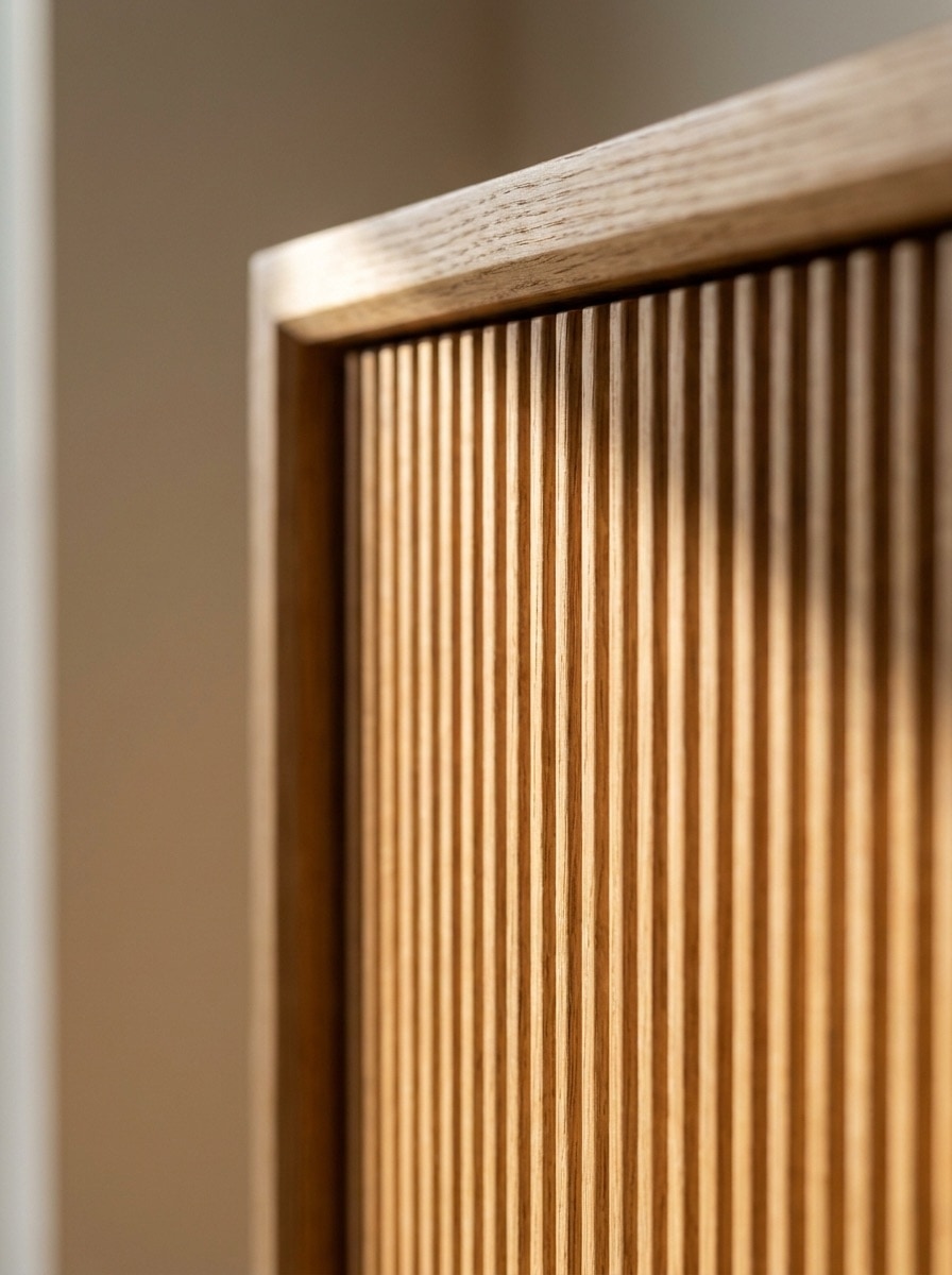 Concept study of a fluted rift-sawn white oak cabinet door in raking morning light