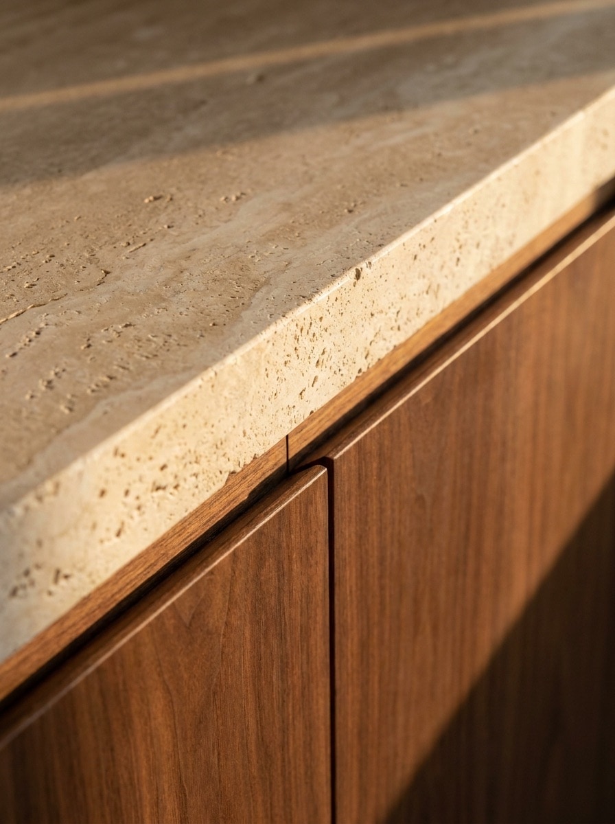 Concept study of a honed travertine counter meeting walnut cabinetry
