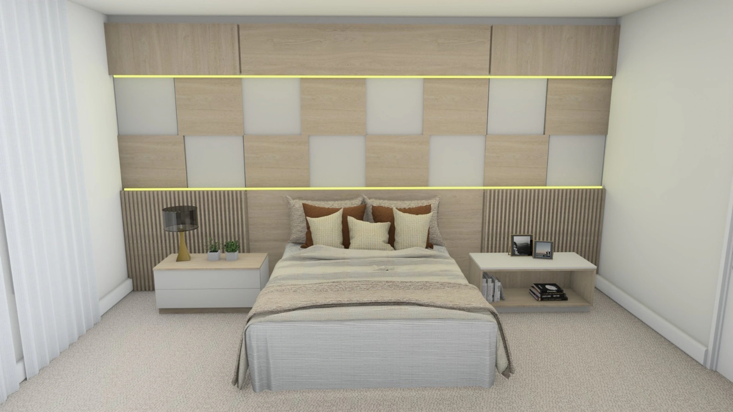 Bedroom wall with fitted headboard, nightstands and lighting