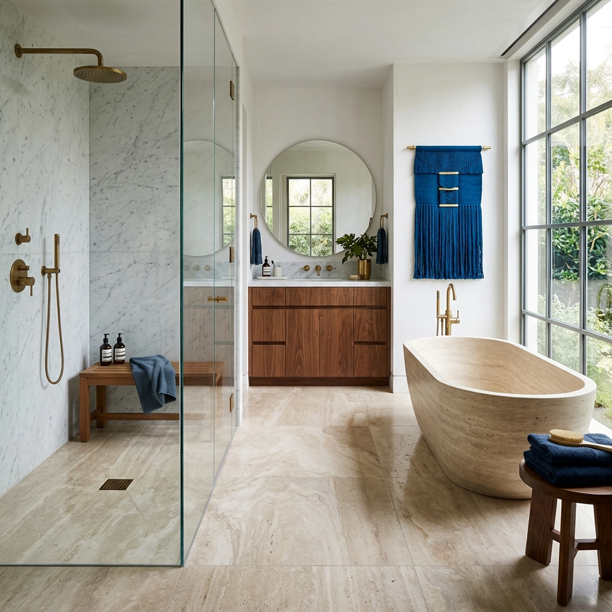 Light-filled bathroom with a fitted walnut vanity, round mirror and brass fixtures