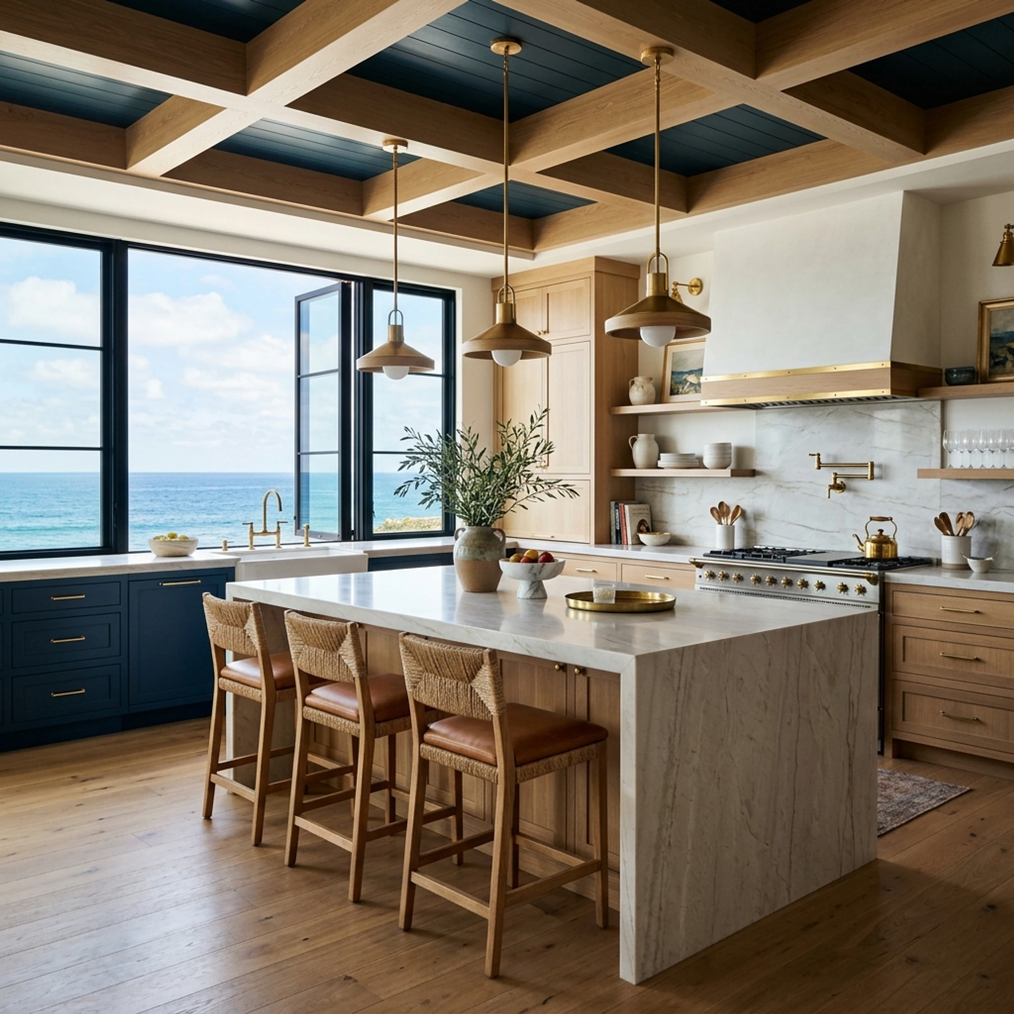 Coastal kitchen with fitted oak and navy cabinetry, stone island and ocean view