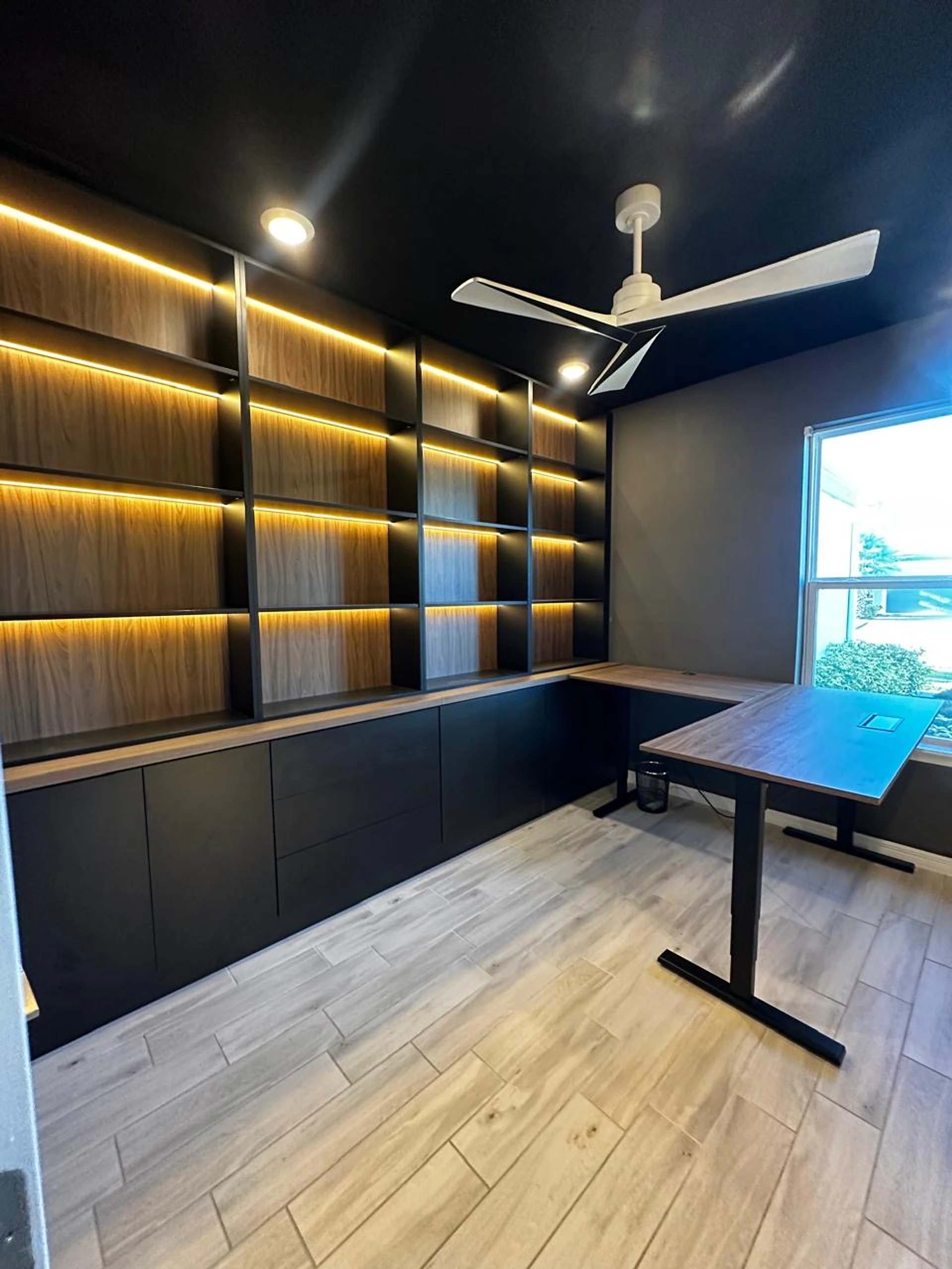 Dark fitted home library with illuminated shelving
