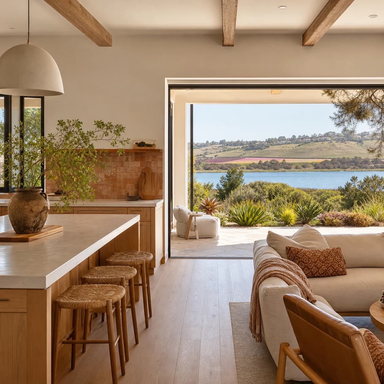 Carlsbad family home with oak floors overlooking a lagoon and distant flower fields