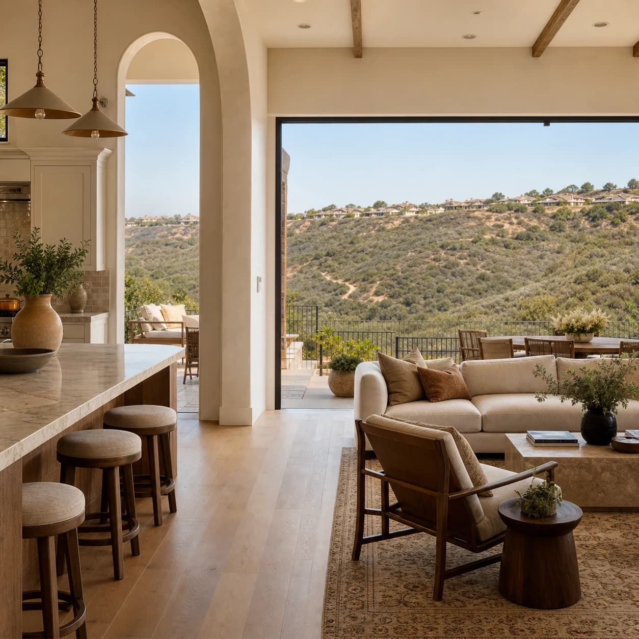 Carmel Valley home interior with pale oak floors and preserved canyon views