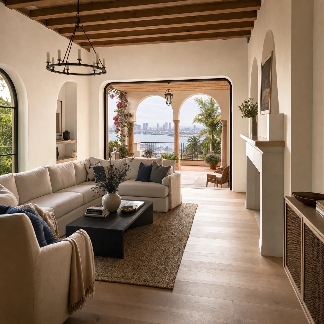 Renovated Spanish Revival San Diego interior with oak floors and a distant bay view