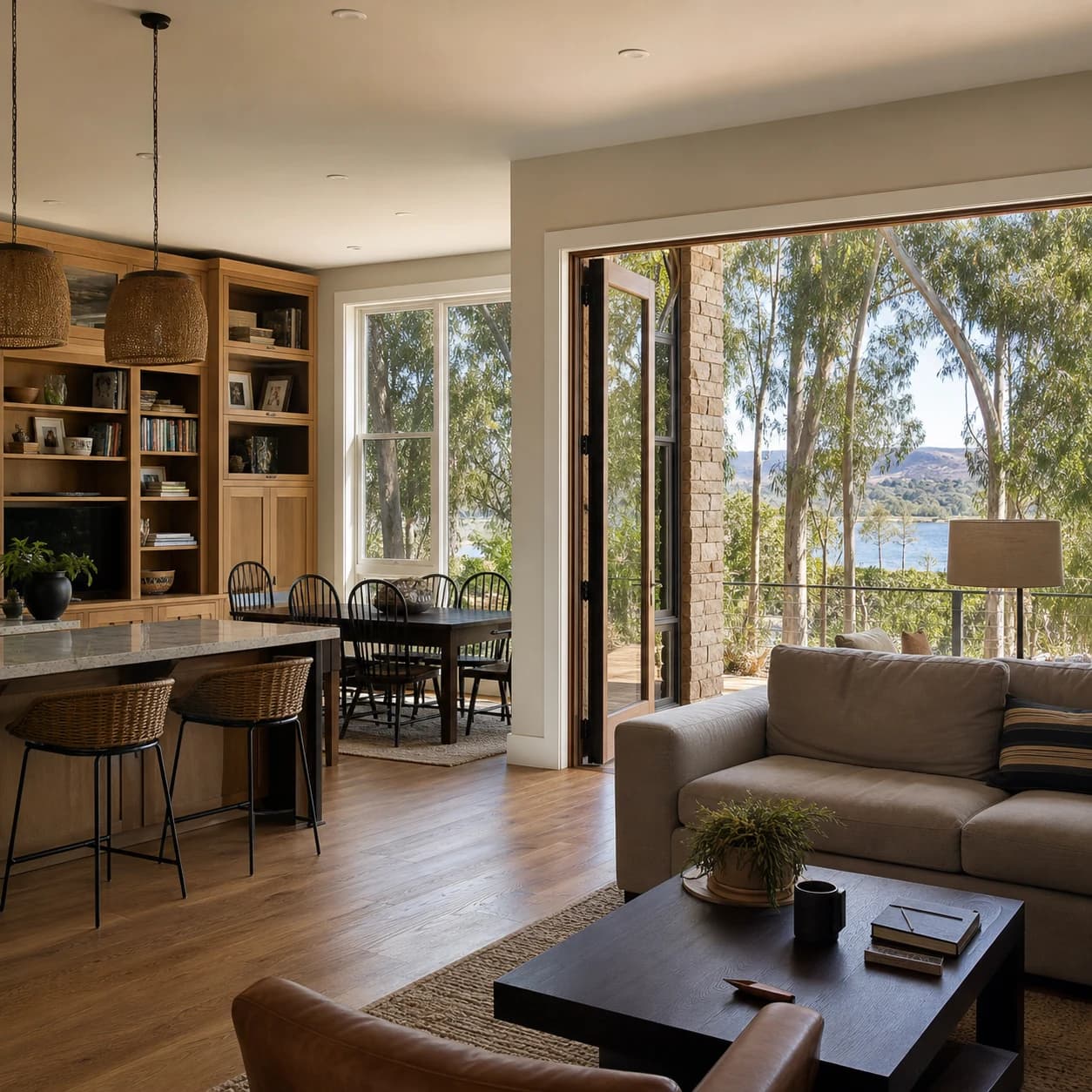 Scripps Ranch family interior framed by eucalyptus trees and Miramar Reservoir