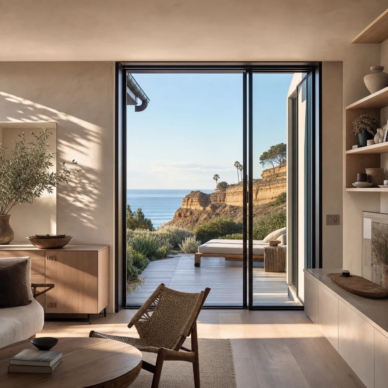 Design-forward Solana Beach interior overlooking sandstone coastal bluffs