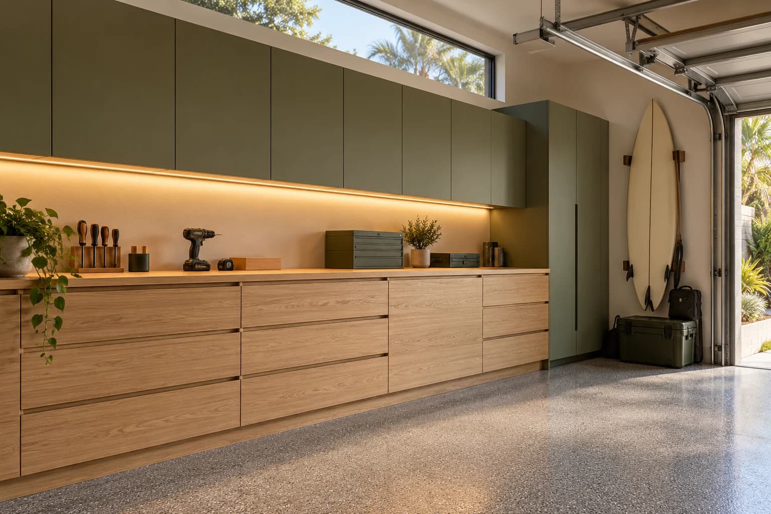 Garage cabinet detail concept with olive European-style doors, oak drawers, a work surface and continuous under-cabinet LED lighting