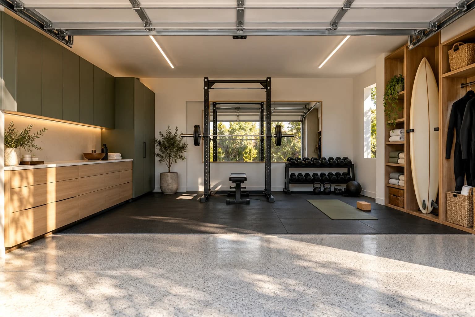Garage gym design concept with olive and oak cabinetry, a rubber training zone, weights and a dedicated surfboard bay