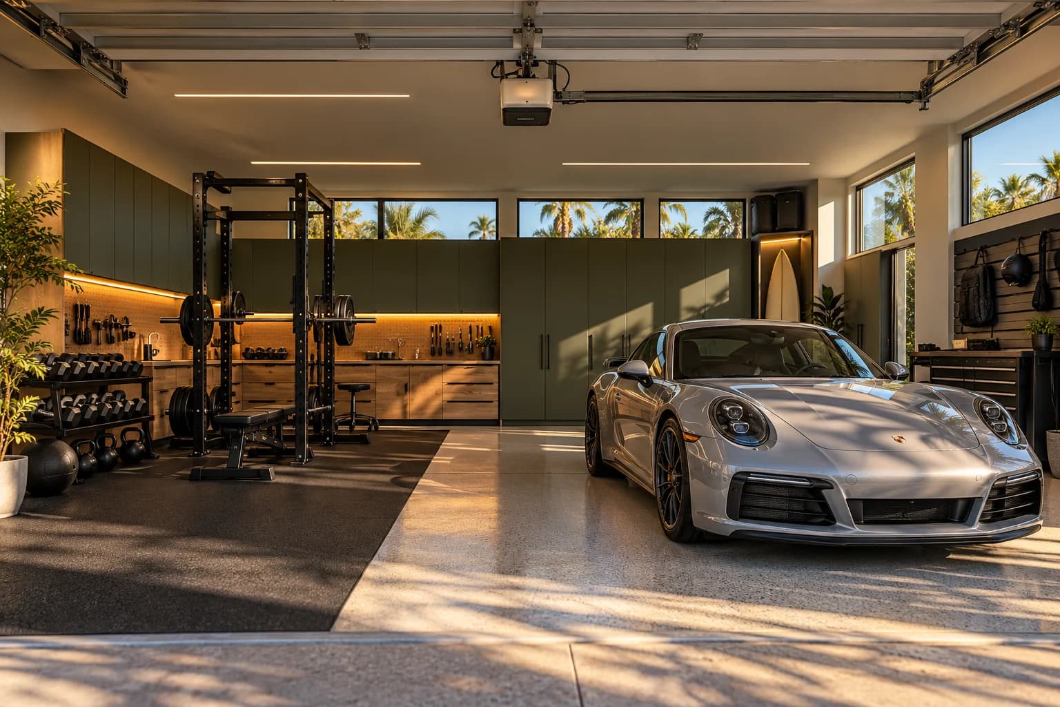 California-style hybrid garage design concept with a dedicated gym zone, parked sports car, olive European-style cabinets and warm linear lighting