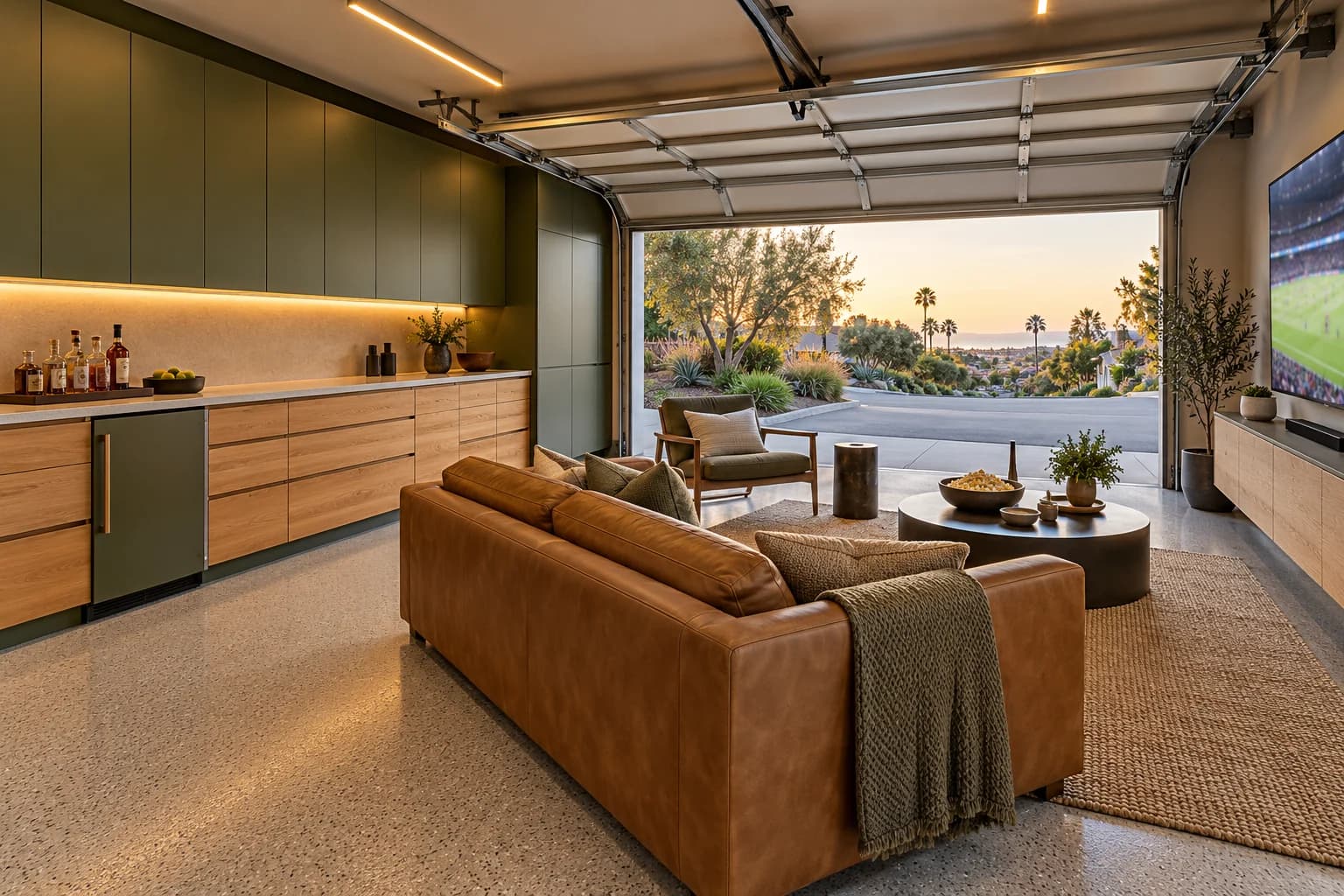 Open garage lounge design concept with leather seating, a game-day screen, olive and oak cabinets, dry bar and mini fridge