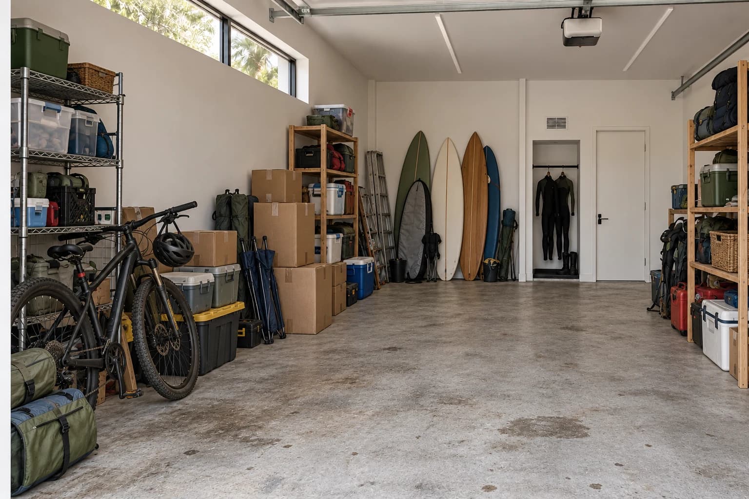Simulated before concept of a cluttered garage with boxes and loose belongings occupying usable floor space