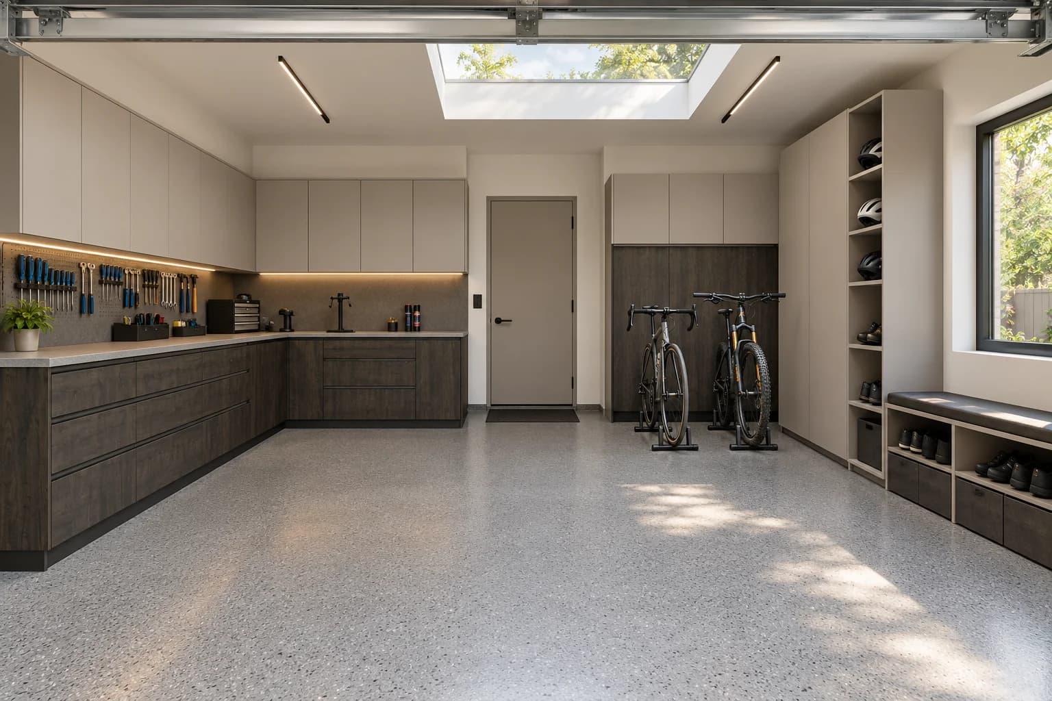 Workshop design concept with bicycle parking, organized tools and a long illuminated workbench