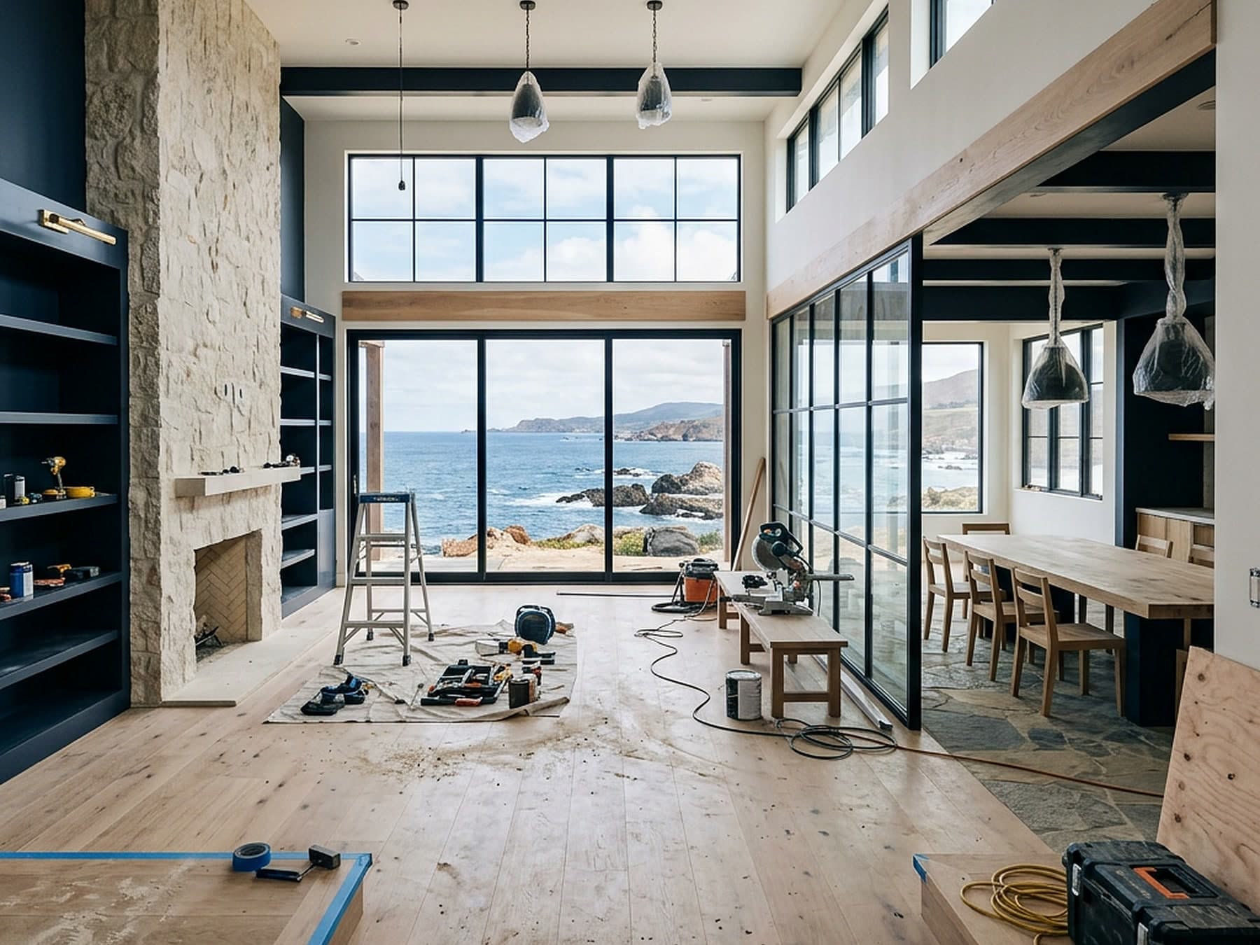 Warm modern home interior with coordinated flooring and cabinetry