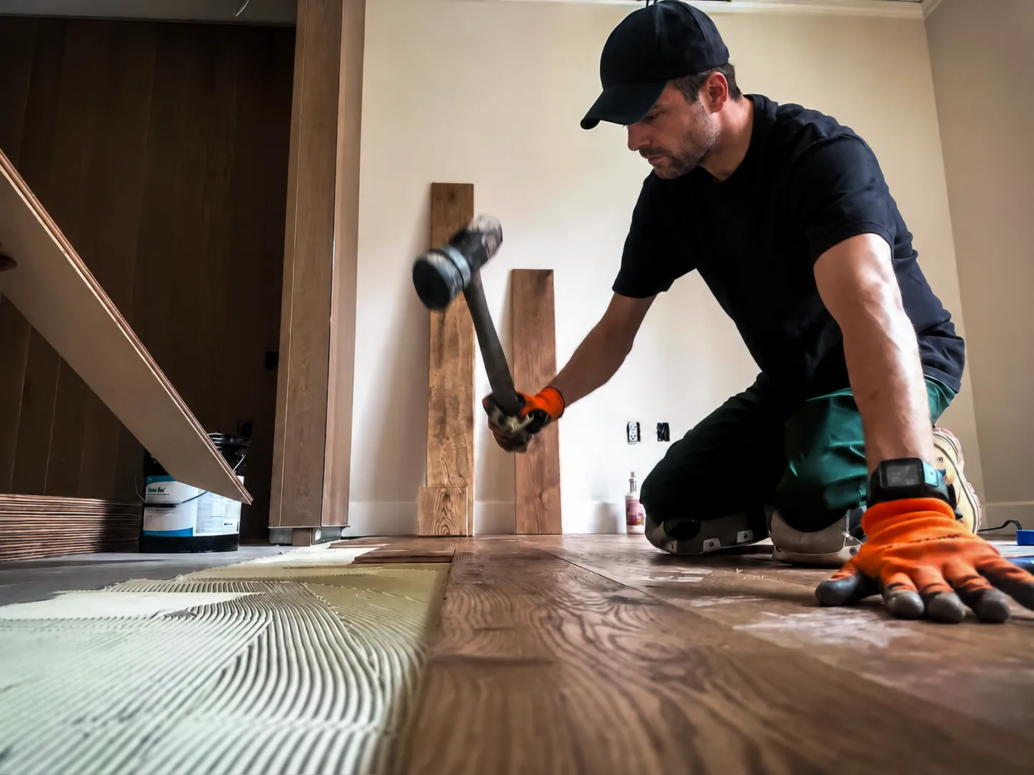 Installer tapping a wood plank into place over fresh adhesive