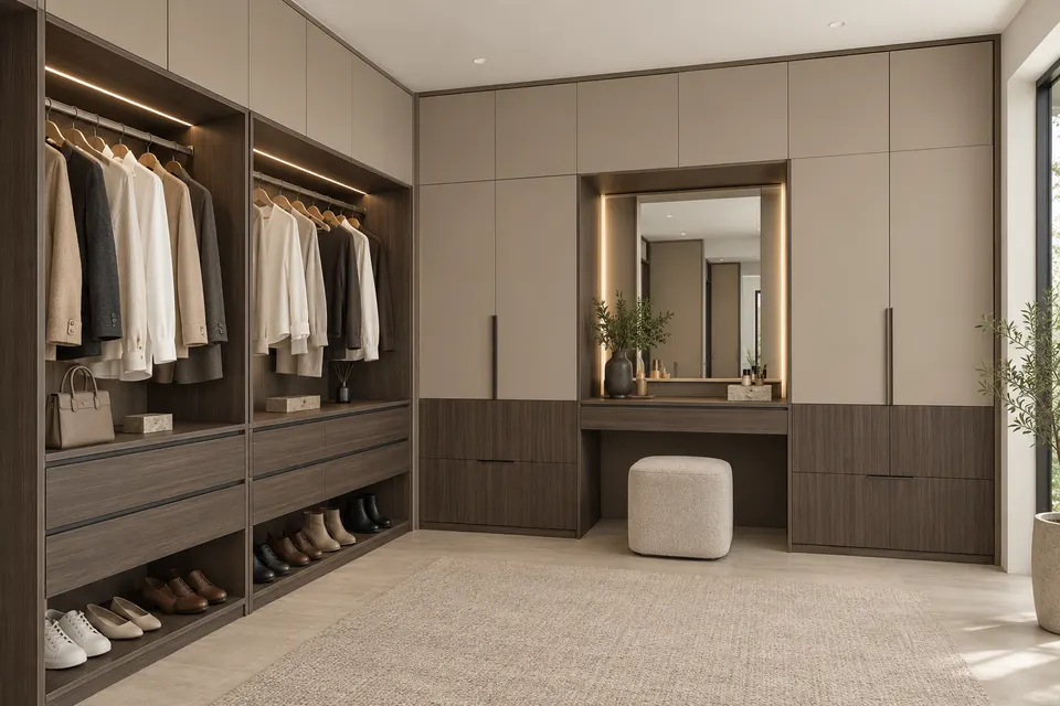 Dressing and vanity: concept render of a closet with Esperia fronts and Taupe Grey doors