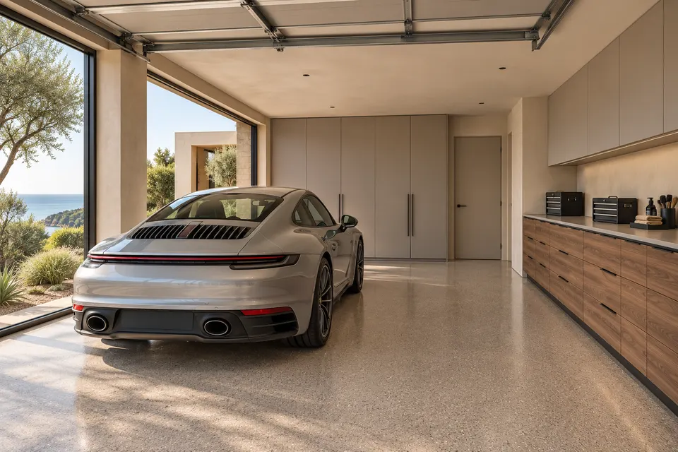 Coastal auto atelier: concept render of a garage with Natural Carini Walnut fronts and Cashmere Grey doors