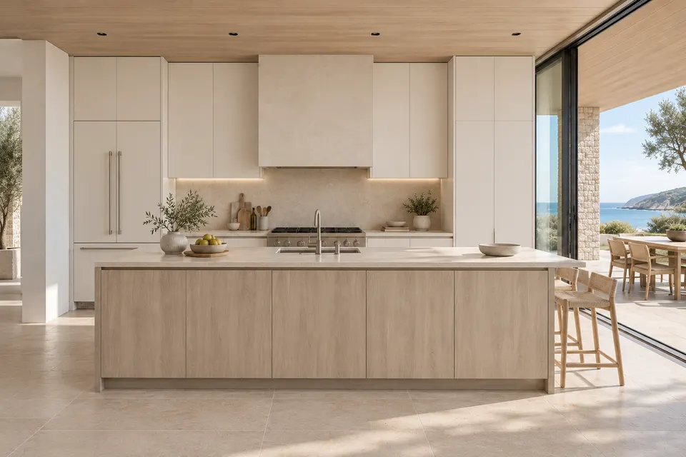 Coastal pavilion: concept render of a kitchen with Yosemite fronts and Alpine White doors