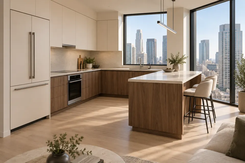 City corner: concept render of a kitchen with Natural Carini Walnut fronts and Soft Beige doors