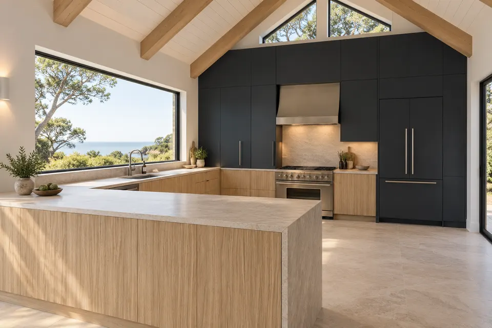 Cathedral room: concept render of a kitchen with Vicenza Oak fronts and Indigo Blue doors
