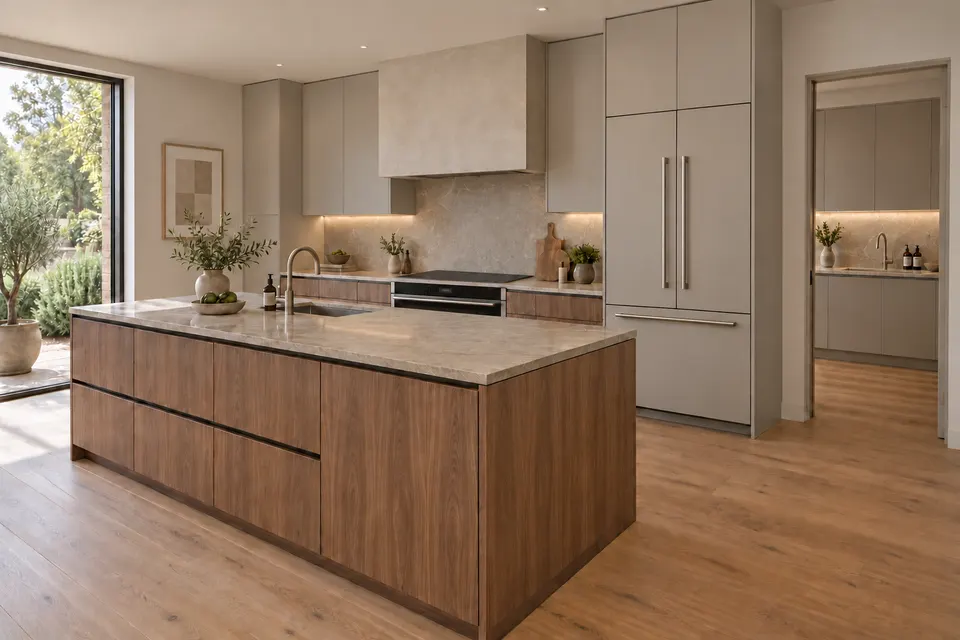 Kitchen and scullery: concept render of a kitchen with Natural Carini Walnut fronts and Taupe Grey doors