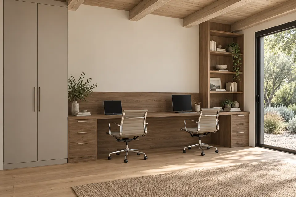 Garden-side study: concept render of a office with Natural Carini Walnut fronts and Taupe Grey doors