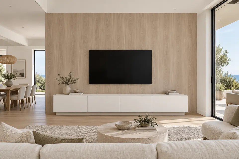 Coastal media wall: concept render of a living room with Yosemite fronts and Alpine White doors