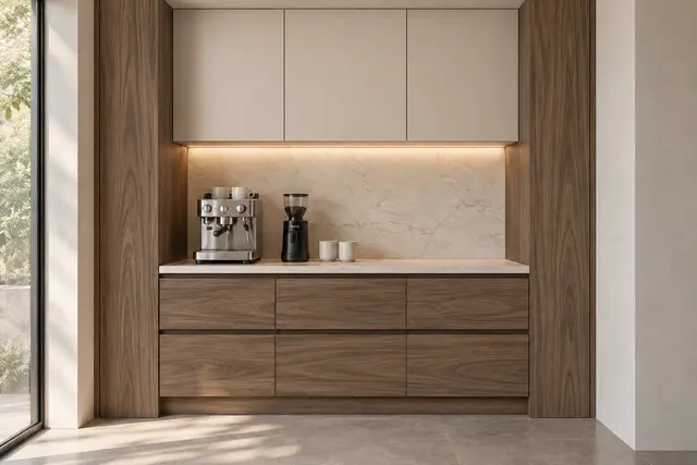 A counter for coffee: close-up concept render of cabinet storage