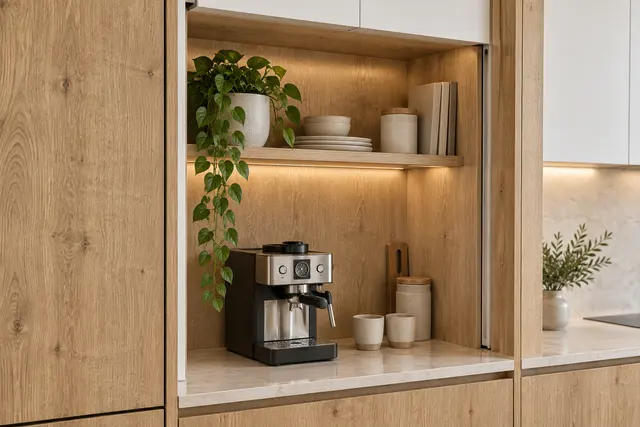 Give coffee its own landing: close-up concept render of cabinet storage