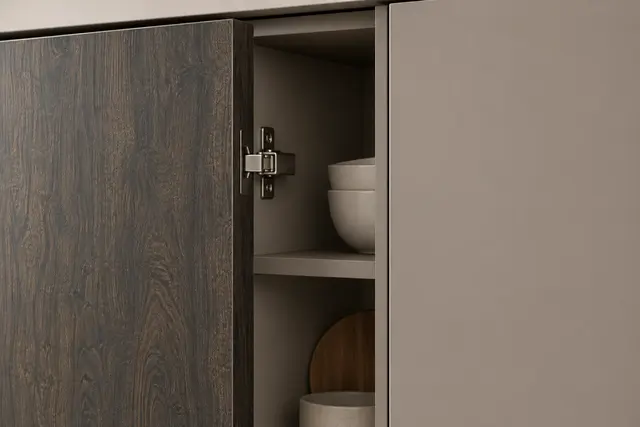 Where two doors meet: close-up concept render of cabinet storage